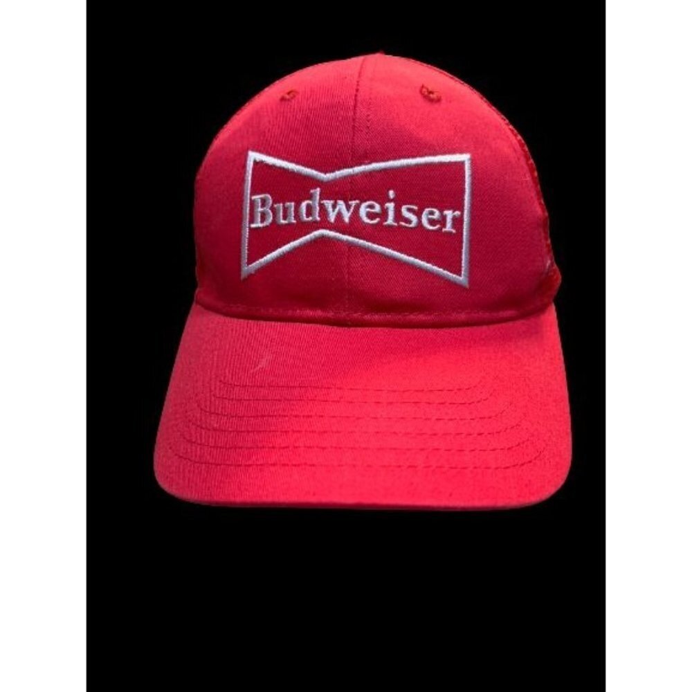 Men's BUDWEISER Red Baseball Hat Mesh Black Logo Adjustable Backing